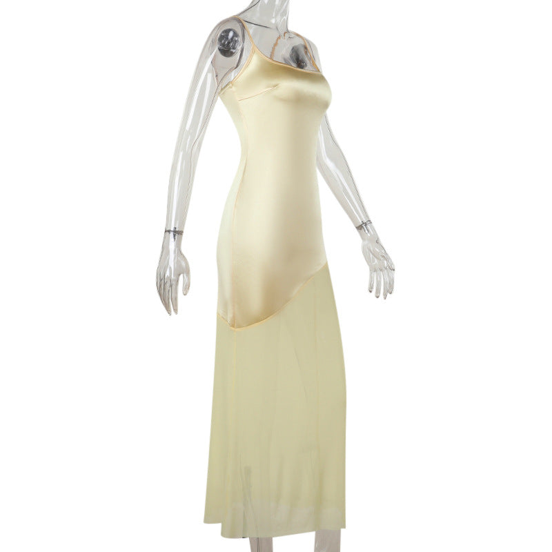 Fall Maxi Dress Classic Elegant Slim Satin Stitching Mesh Spaghetti Strap Dress