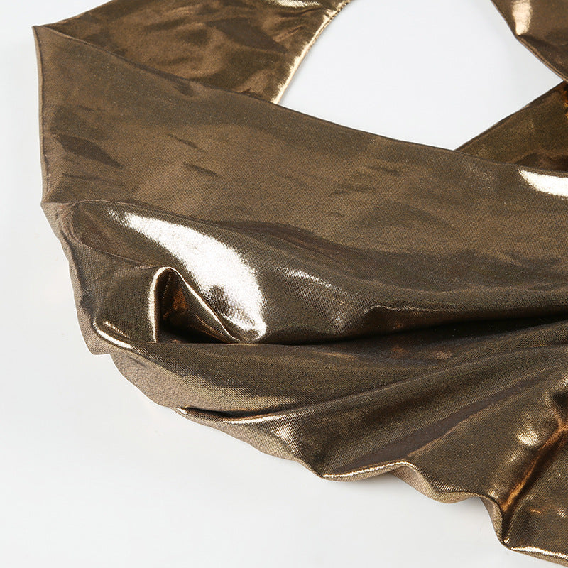 Metallic Glossy Features Swing Collar Sleeveless Halter Dress Backless Sheath Sexy Dress