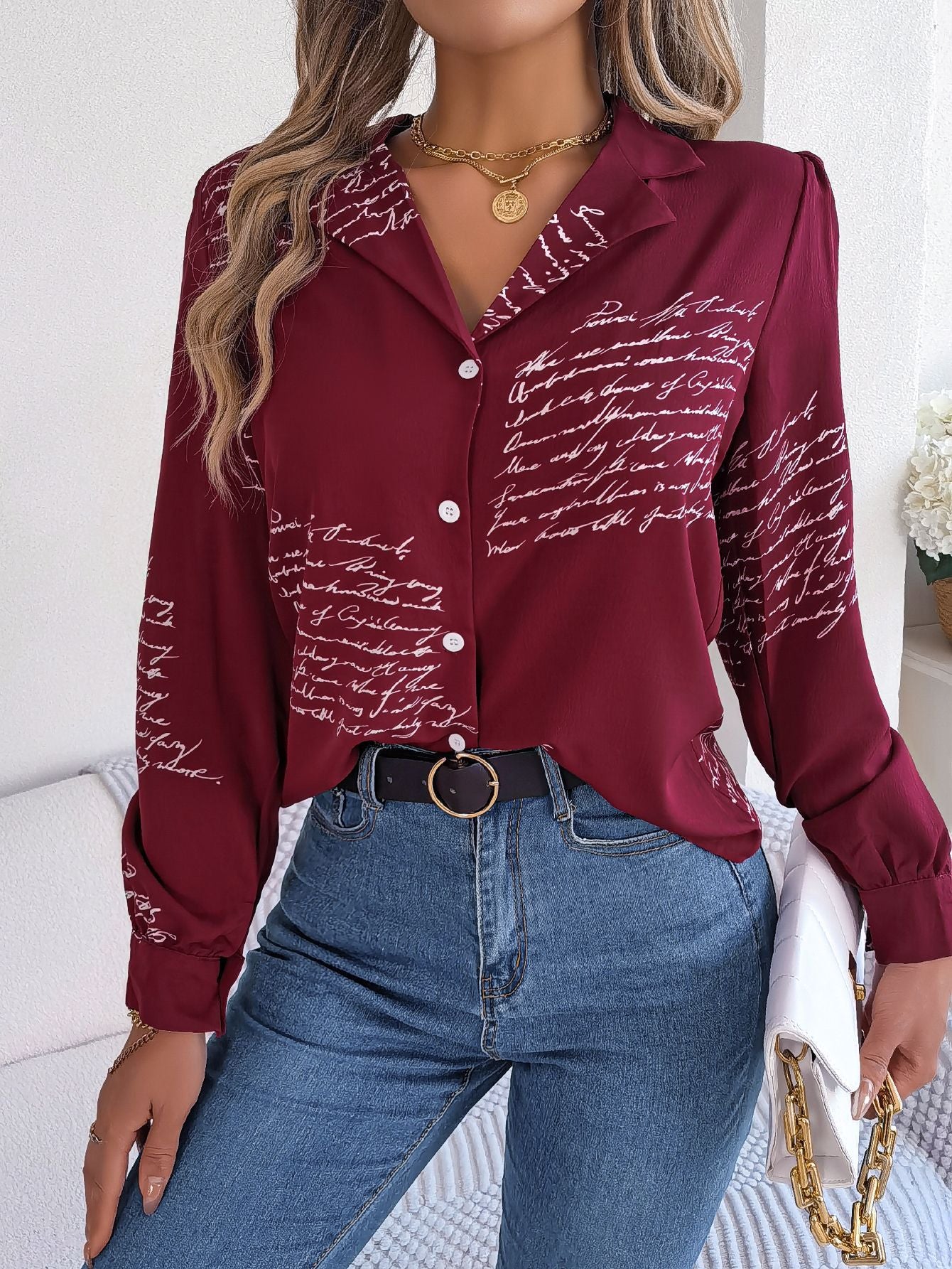 Autumn Winter Casual All Match Letters Suit Collar Long Sleeve Shirt Women Clothing