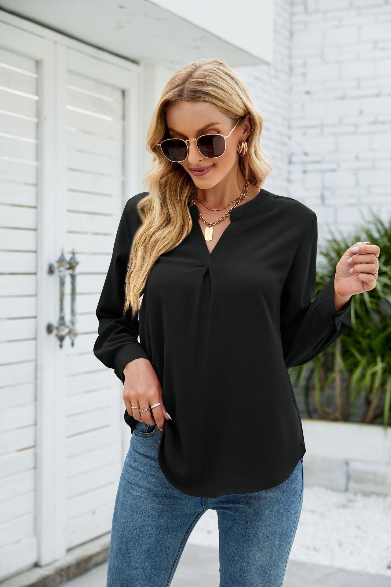 Women Clothing Autumn Winter Solid Color Chiffon Shirt Loose V neck Pullover Long Sleeve Top Shirt