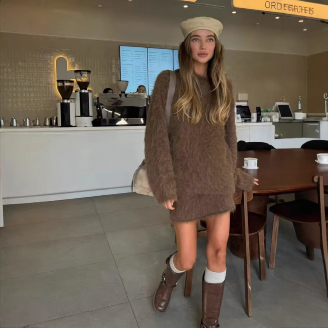 Autumn Winter Lazy Wind Long Wool round Neck Long Sleeve Short Skirt Two Piece Sets
