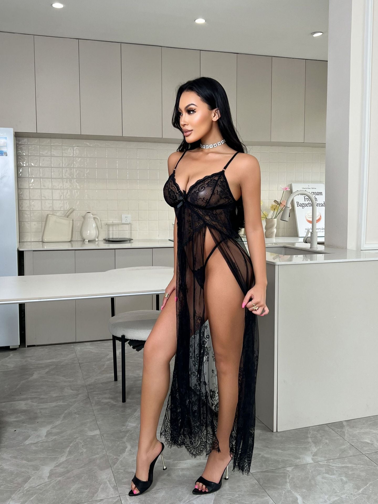 Sexy Underwear Tramsparent Yarn Lace Sexy Embroidered Slip Top Nightdress Pajamas Dress