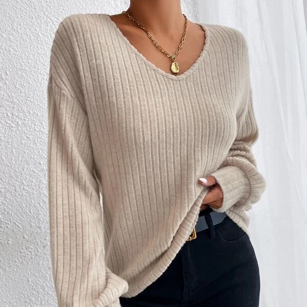 Autumn Loose Knitwear V-neck Drop Shoulder Lantern Sleeve T Women