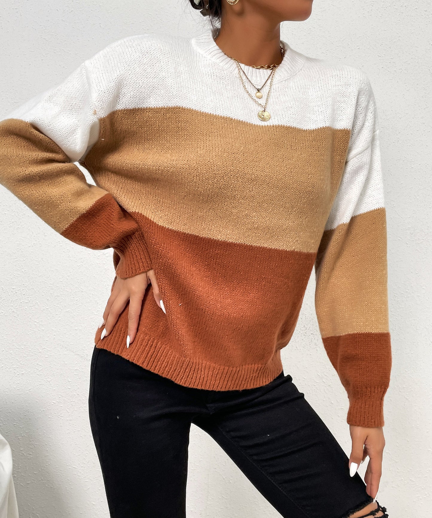 Vietnam Autumn Winter Casual Loose Gradient Color round Neck Striped Contrast Color Sweater Women
