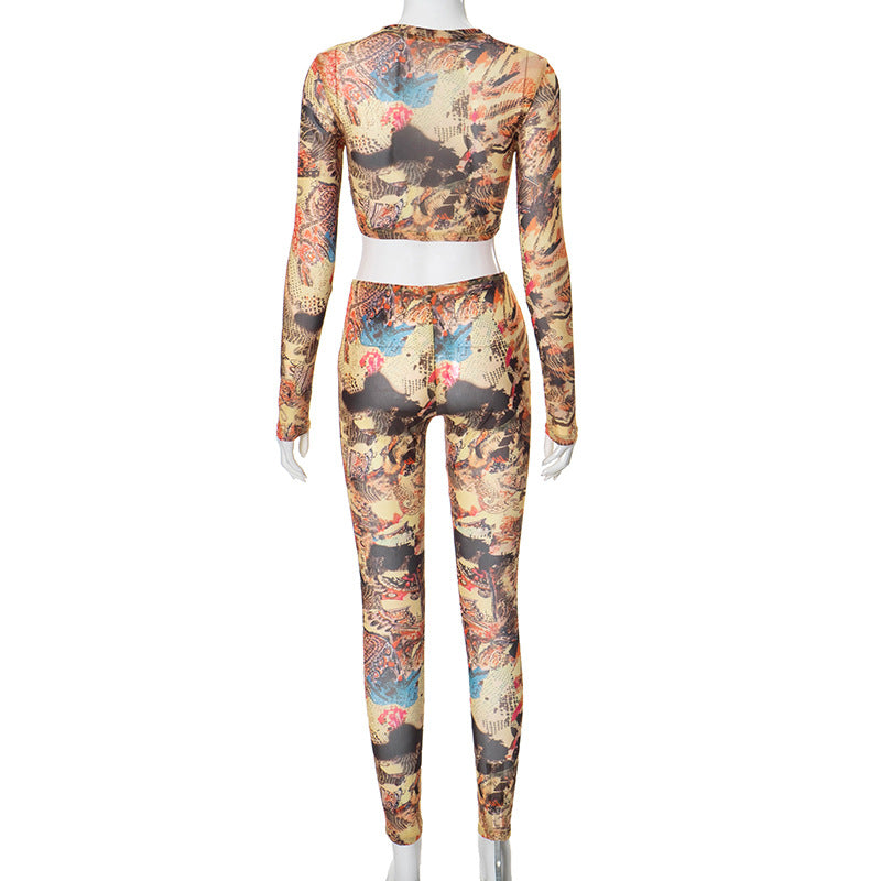 Slim Fit Sexy Printed Mesh See Through Cropped Short Long Sleeve Top Trousers Suit