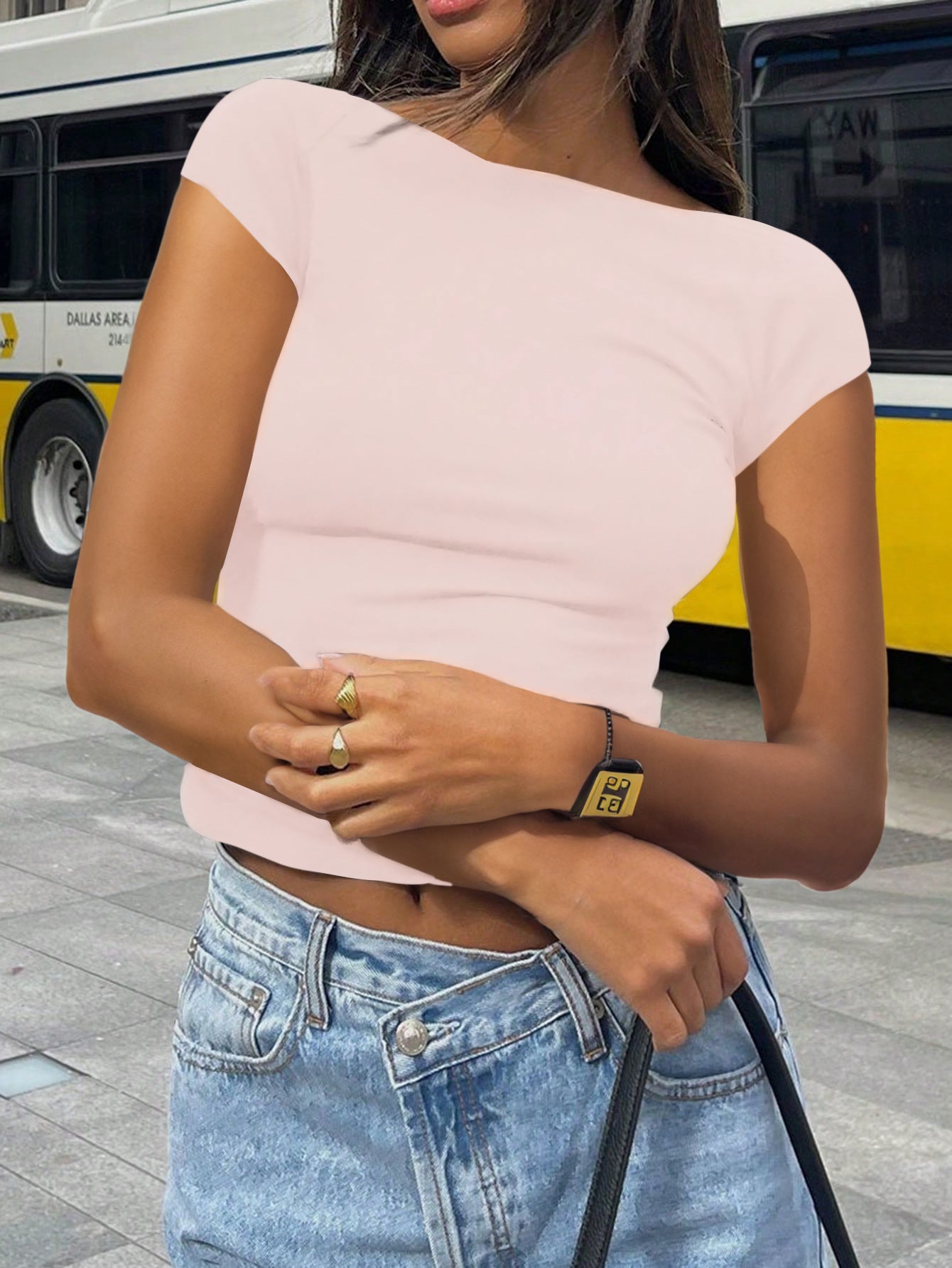 Spring Summer Solid Color round Neck Exposed Back Short Sleeve Sexy Slim Top T shirt Women Clothing