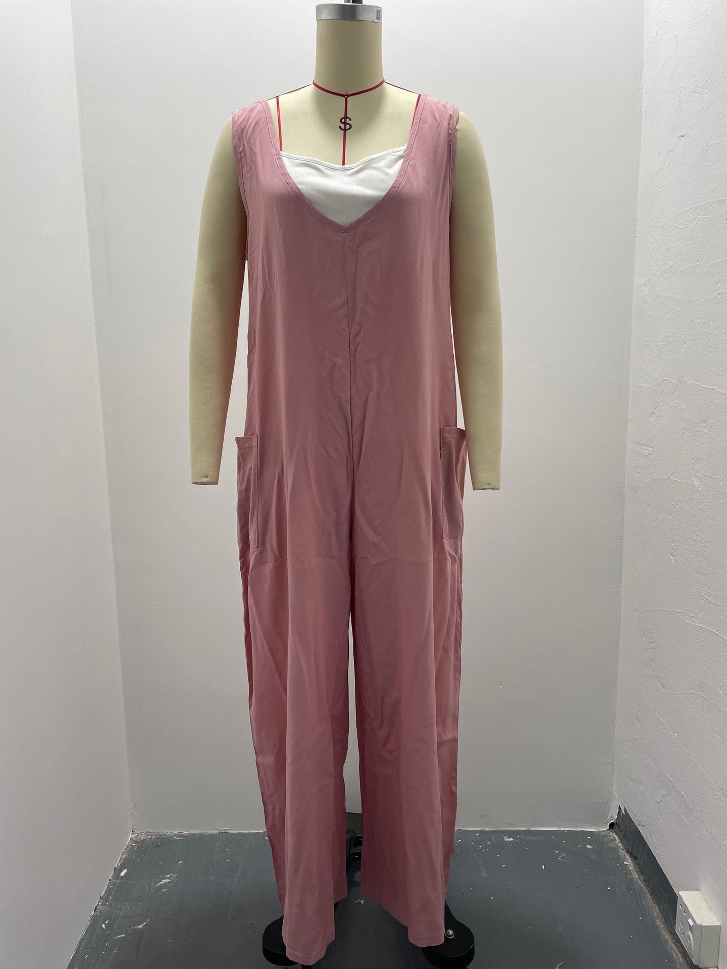 Summer Popular Solid Color Stickers Bags Jumpsuit V neck Suspender Pants Wide Leg Trousers for Women