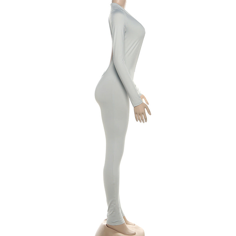 Fall Women Clothing Sexy Backless Deep V Plunge Long Sleeve Solid Color Tight Jumpsuit