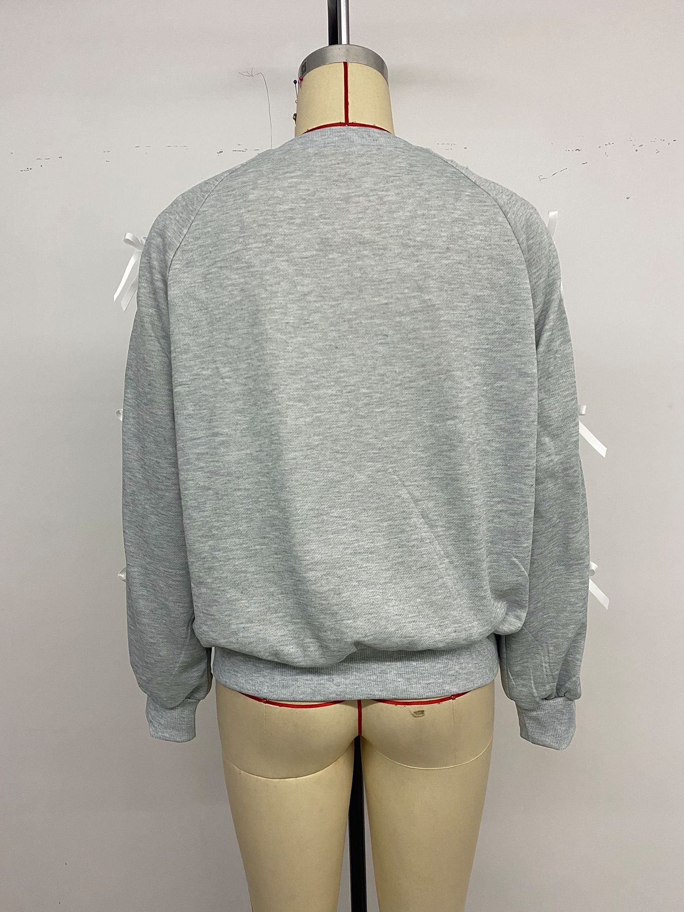 Casual Sweet Top Bow Lace Stitching Gray Long Sleeves Autumn Sweatshirts