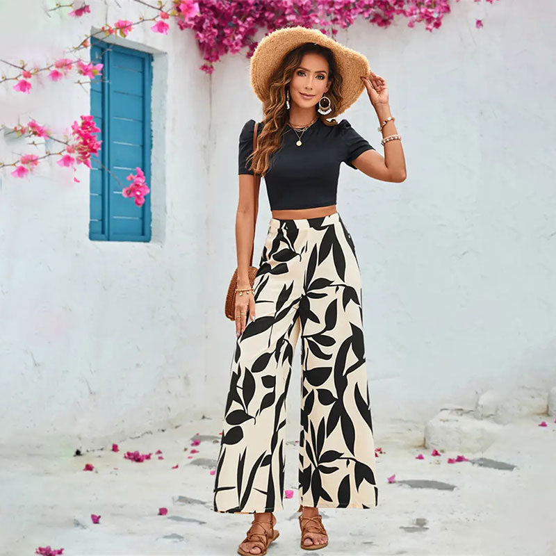 Leaf Printed Casual Pants Wide Leg Pants Short Sleeve Spring Summer Two Piece Set Tight Cropped T shirt Blouse Pants