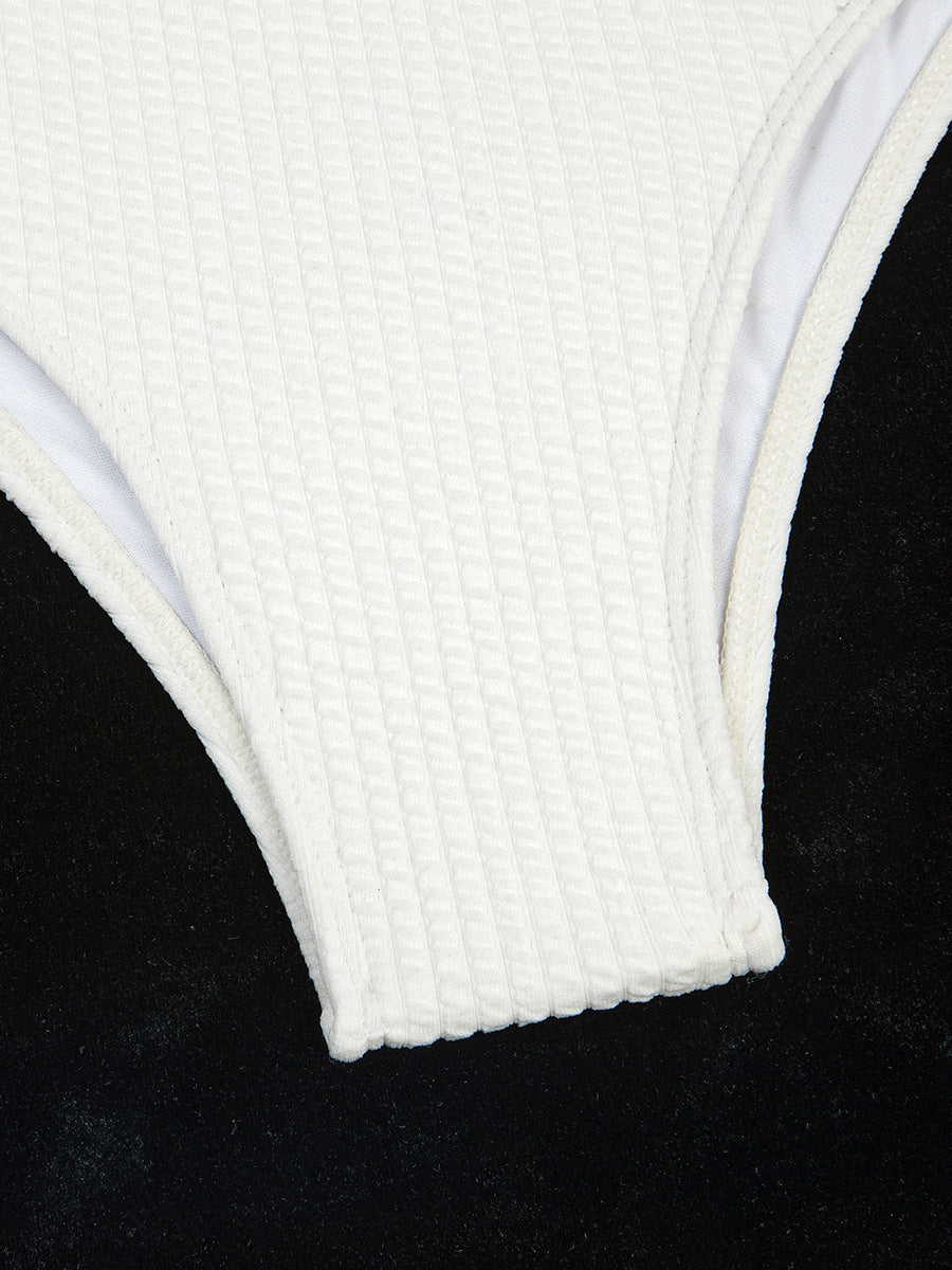 Solid Color High Waist Sunken Stripe Bikini Sexy Swimsuit Women Split Special Fabric Swimsuit