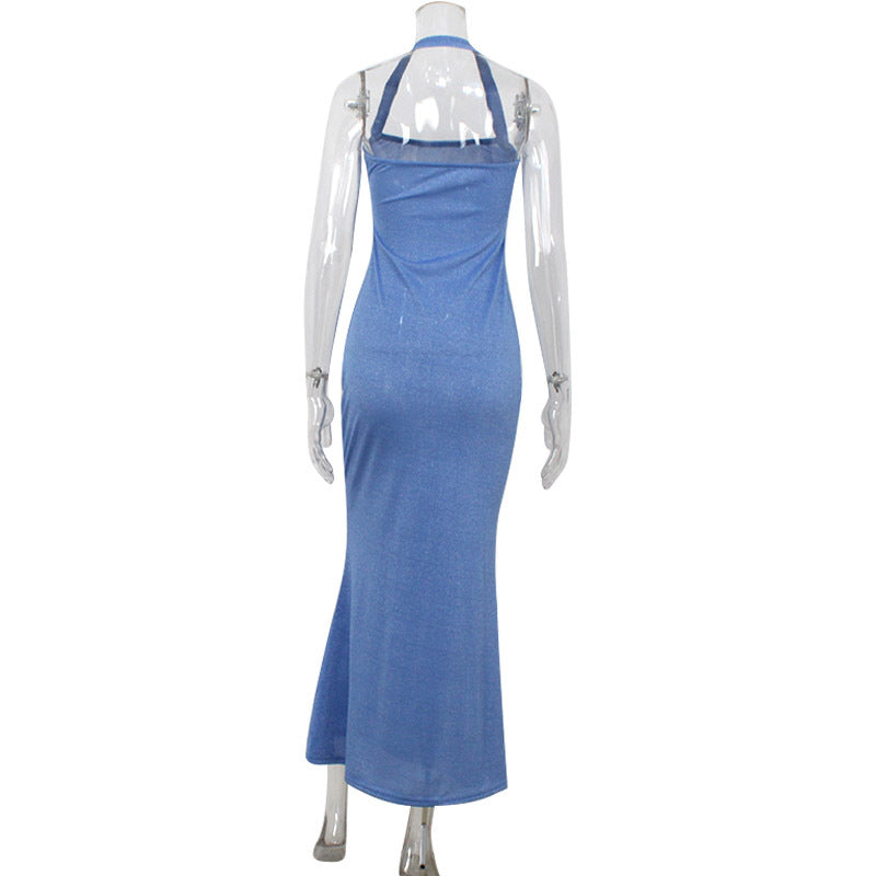 Off Neck Halter Graceful Tube Top Waist Slimming Bright Silk Fishtail Sheath Dress
