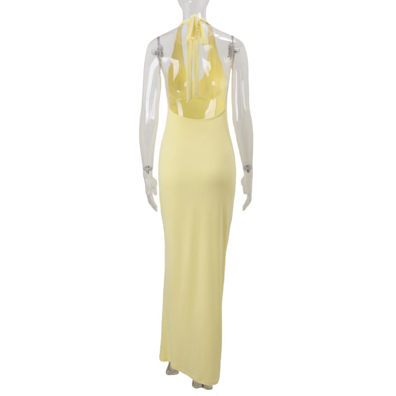 Women Clothing Summer Sexy V neck Halter Backless High Waist Slim Solid Color Dress