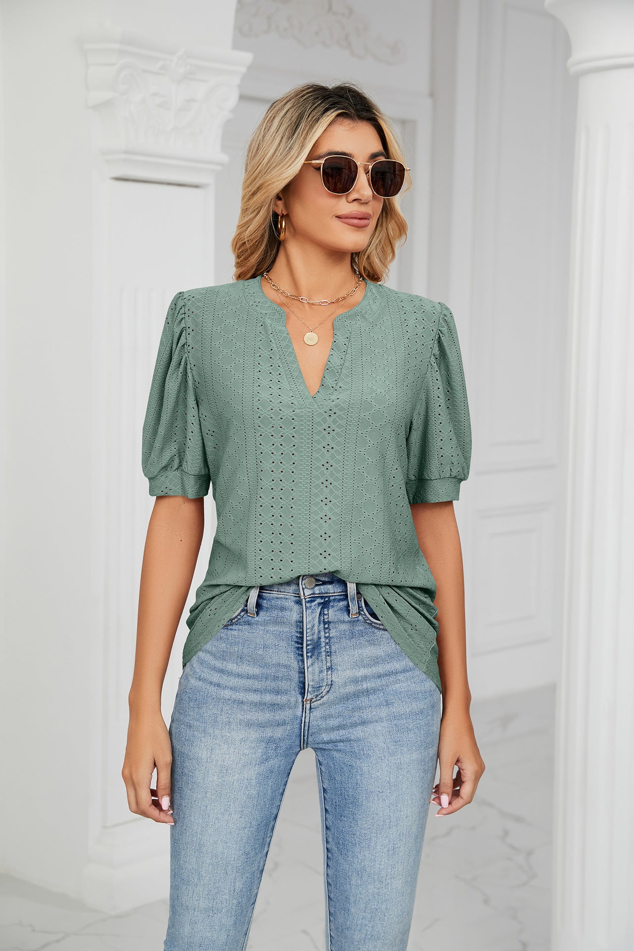 Summer Casual V Neck Solid Color Hollow Out Cutout Puff Sleeve Loose Fitting T Shirt Top Women