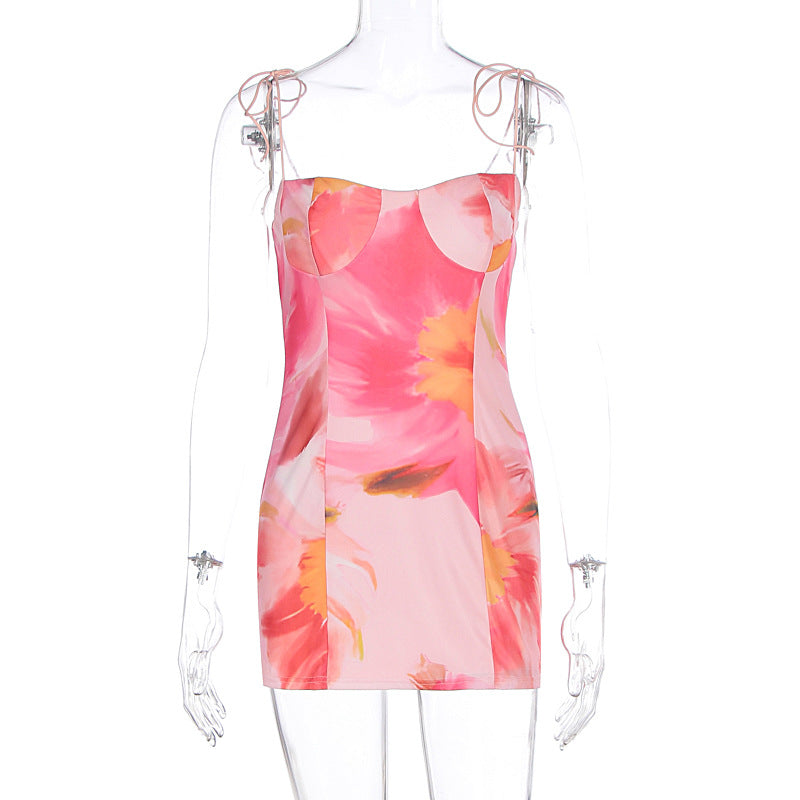 Summer Sexy Printing Lace up Backless Waist Slimming Sheath Dress