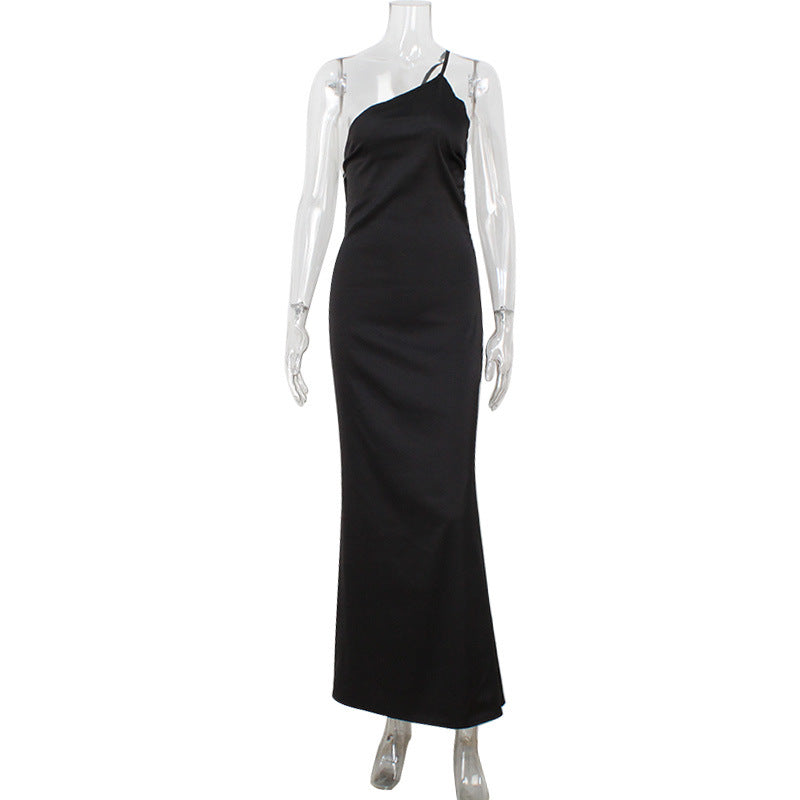 Women Slim Fit Elegant Diagonal Collar Strap Backless Solid Color Mop Evening Dress Women