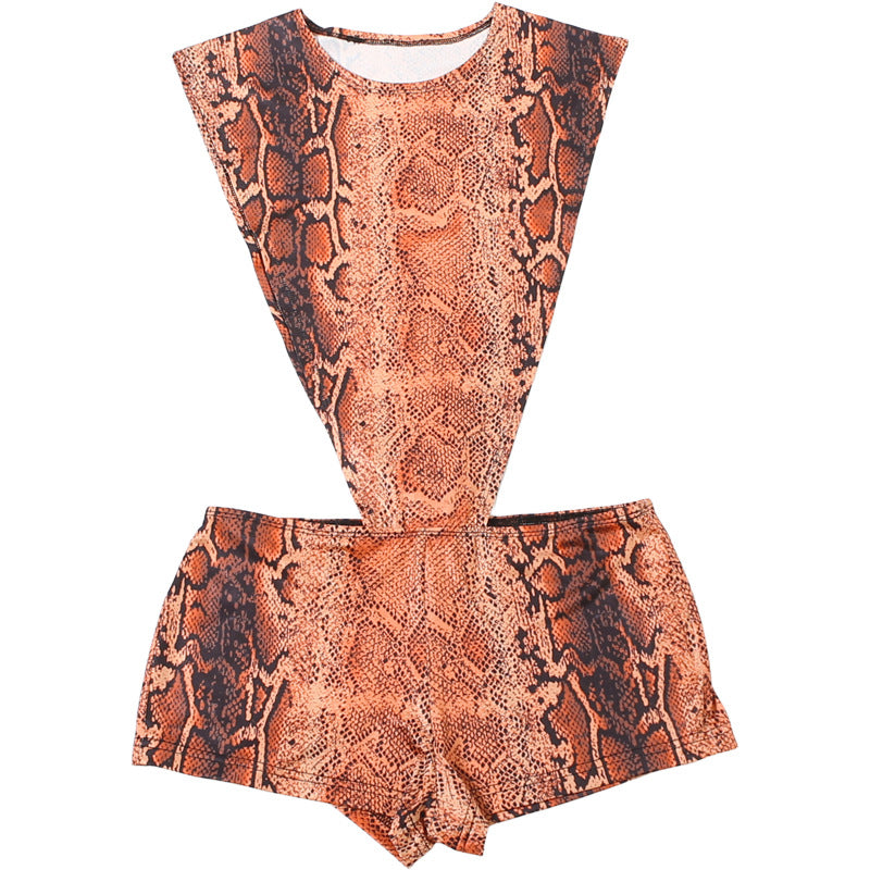 Autumn Winter Women Crew Neck Personality Snake Pattern Sexy Cutout Slim Sexy Jumpsuit