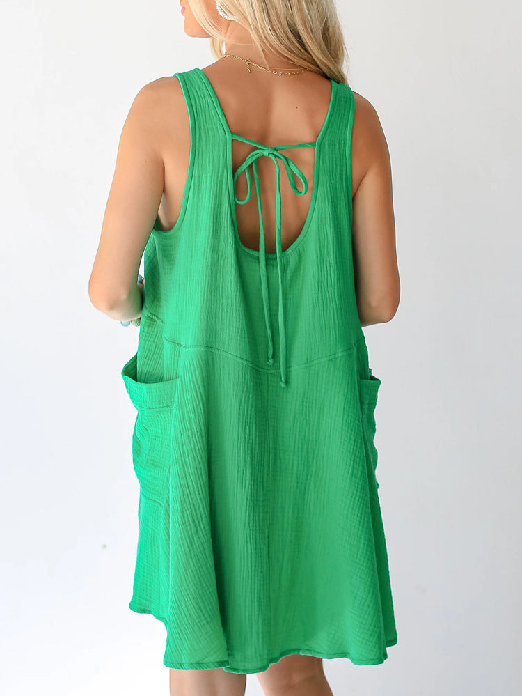 Spring Summer Casual Vacation Solid Color Patchwork Pocket Vest Dress Women Clothing
