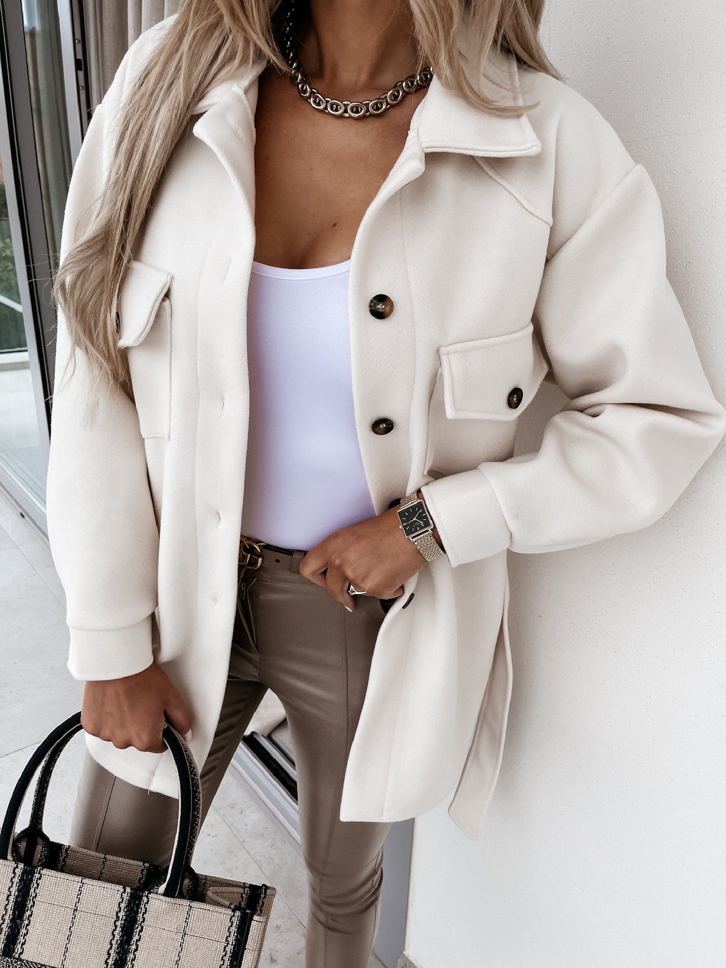 Fall Winter Lapels Single Breasted Thickened Solid Color Shirt Woolen Baggy Coat Female