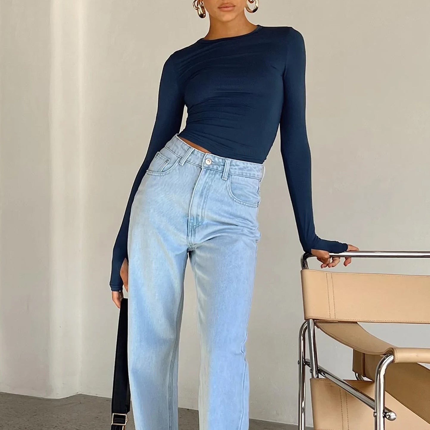 Women Clothing Solid Color Bottoming Round Neck T Shirt Sexy Slim Fit Slimming Long Sleeves Top T Shirt Autumn Winter
