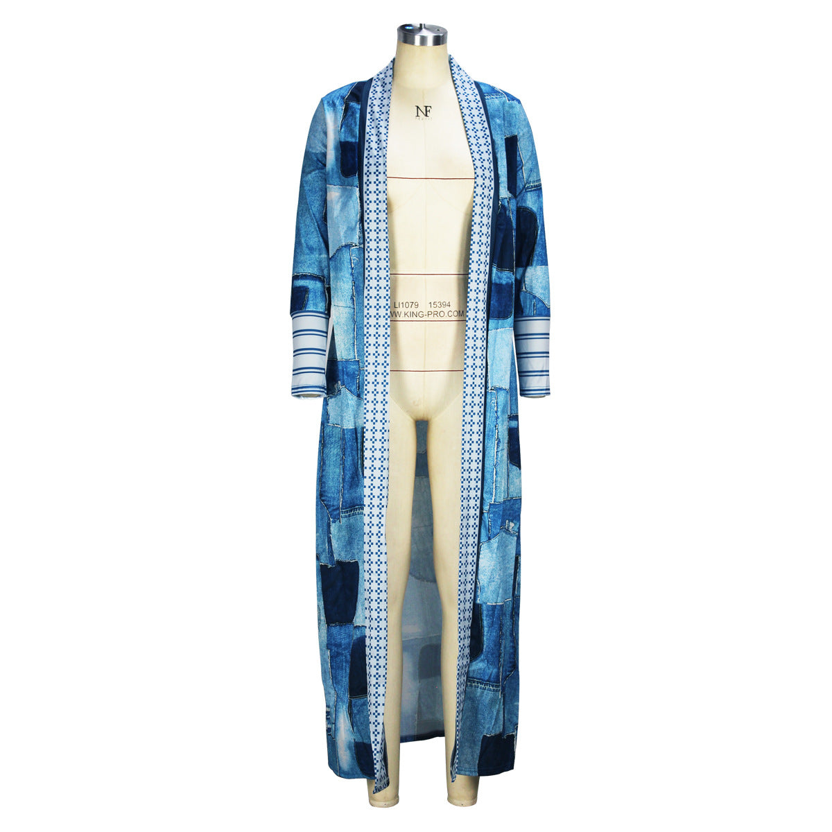 Casual Women Wear Imitation Denim Printed Long Trench Coat Cardigan Coat