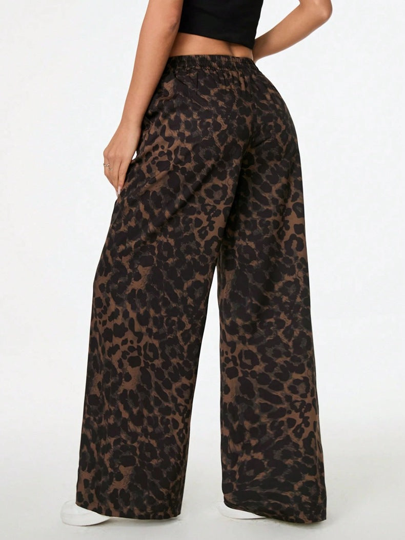 Women Winter Leopard Print Casual Pants Loose Elastic Waist Printed Wide Leg Trousers