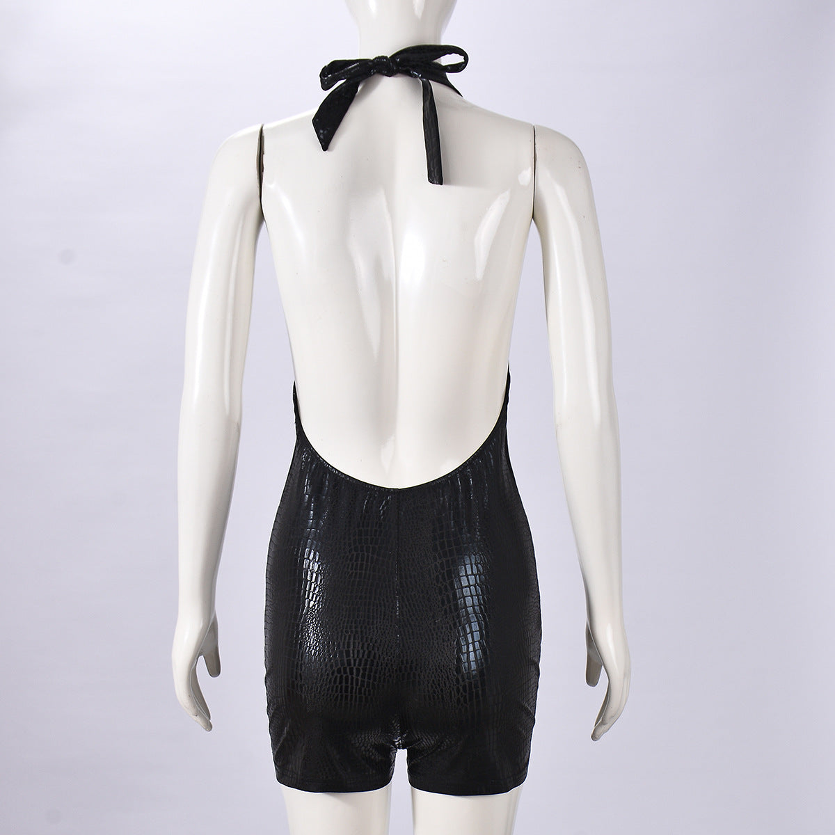 Sexy Faux Leather Coating Halter Backless Sexy Cutout Tight Jumpsuit Women