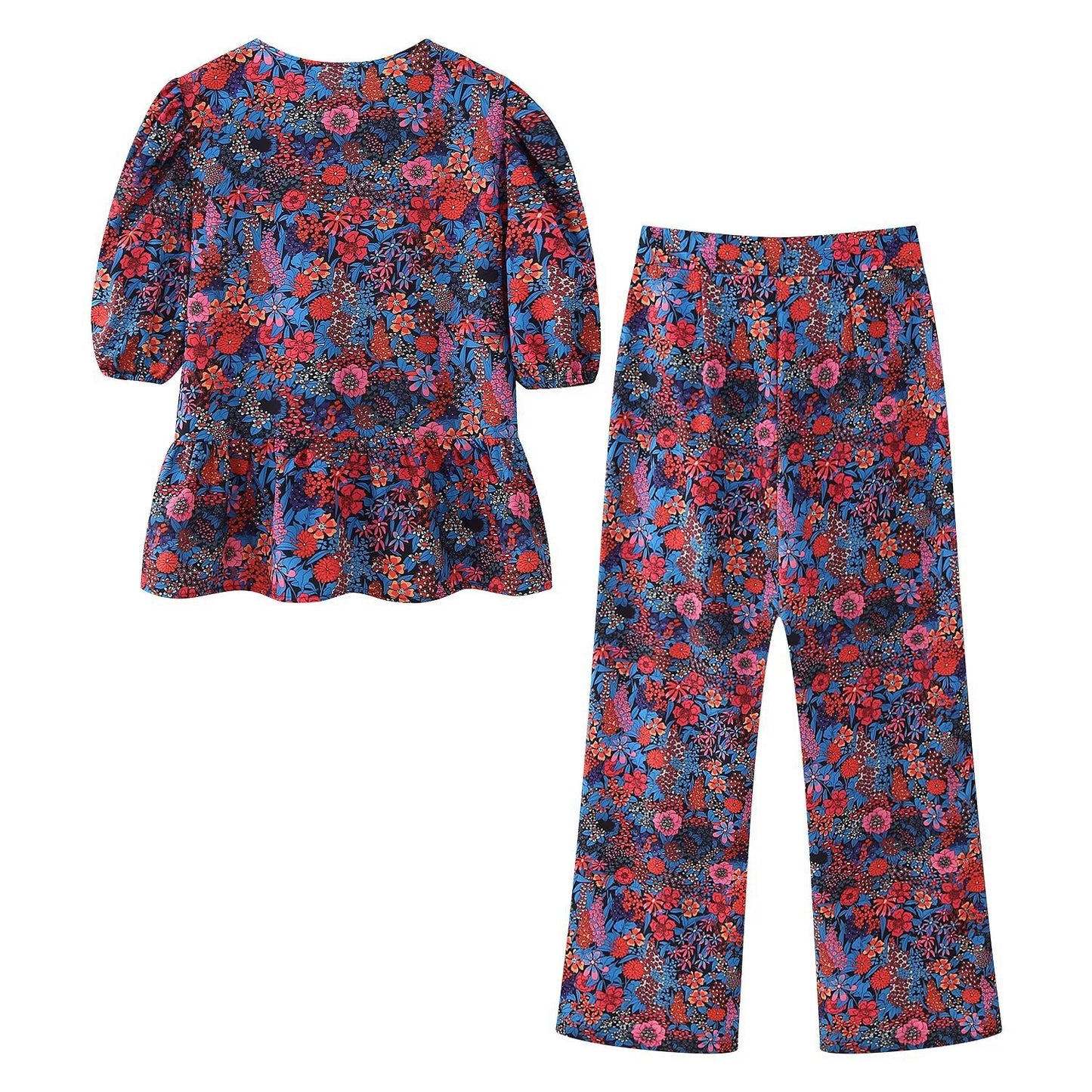 Women Clothing Pastoral Sets Bow Tie Shoulder Floral Puff Sleeve Top Trousers