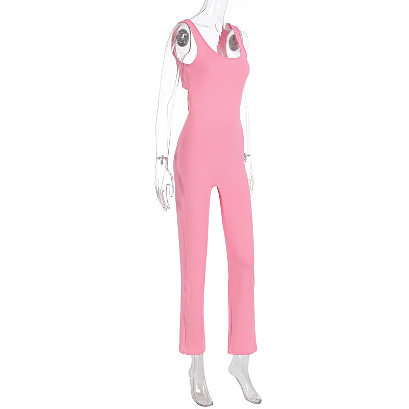 Women Clothing Summer Solid Color Sling Backless Hip Raise Skinny Sports Jumpsuit