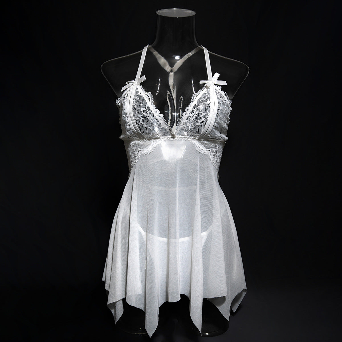 Sexy See through Slip Nightdress White Lady Cute Temptation Irregular Asymmetric Hem Cut Two Piece Set
