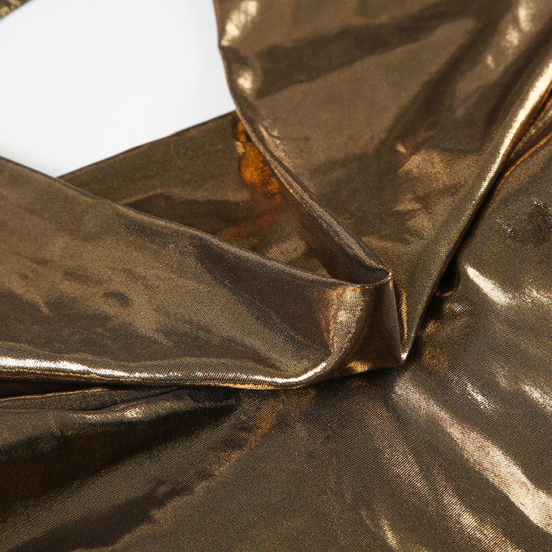 Metallic Glossy Features Swing Collar Sleeveless Halter Dress Backless Sheath Sexy Dress