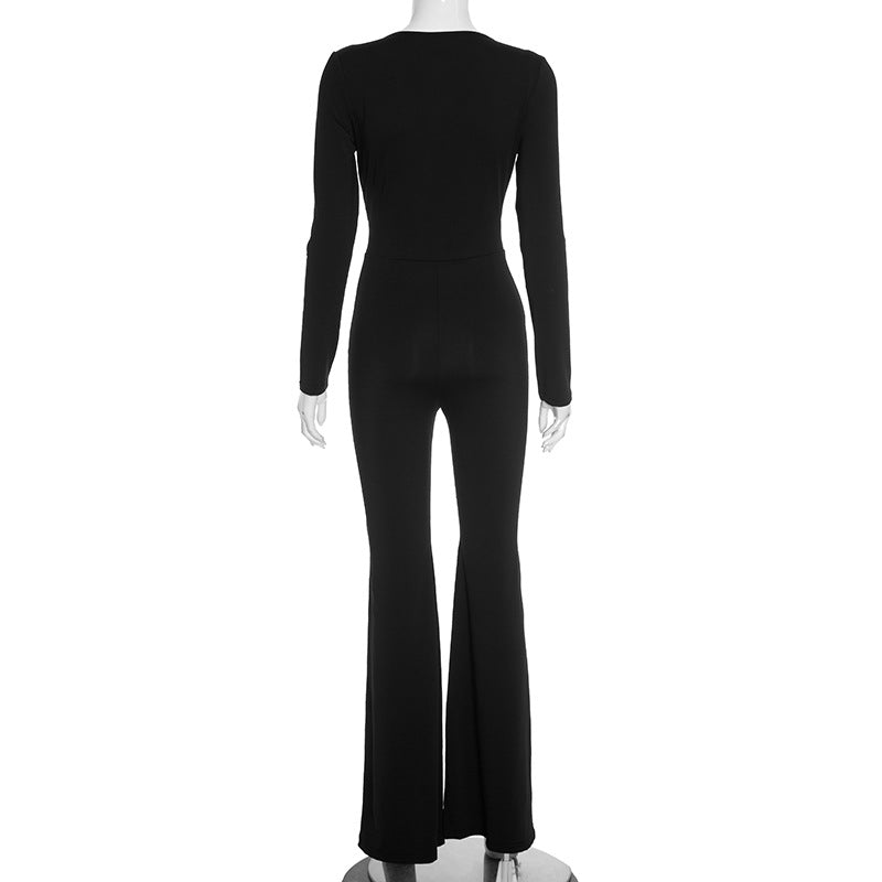 Women Autumn Solid Color Elegant Slim Deep V Plunge Long Sleeve Horn Long Conjoined Trousers