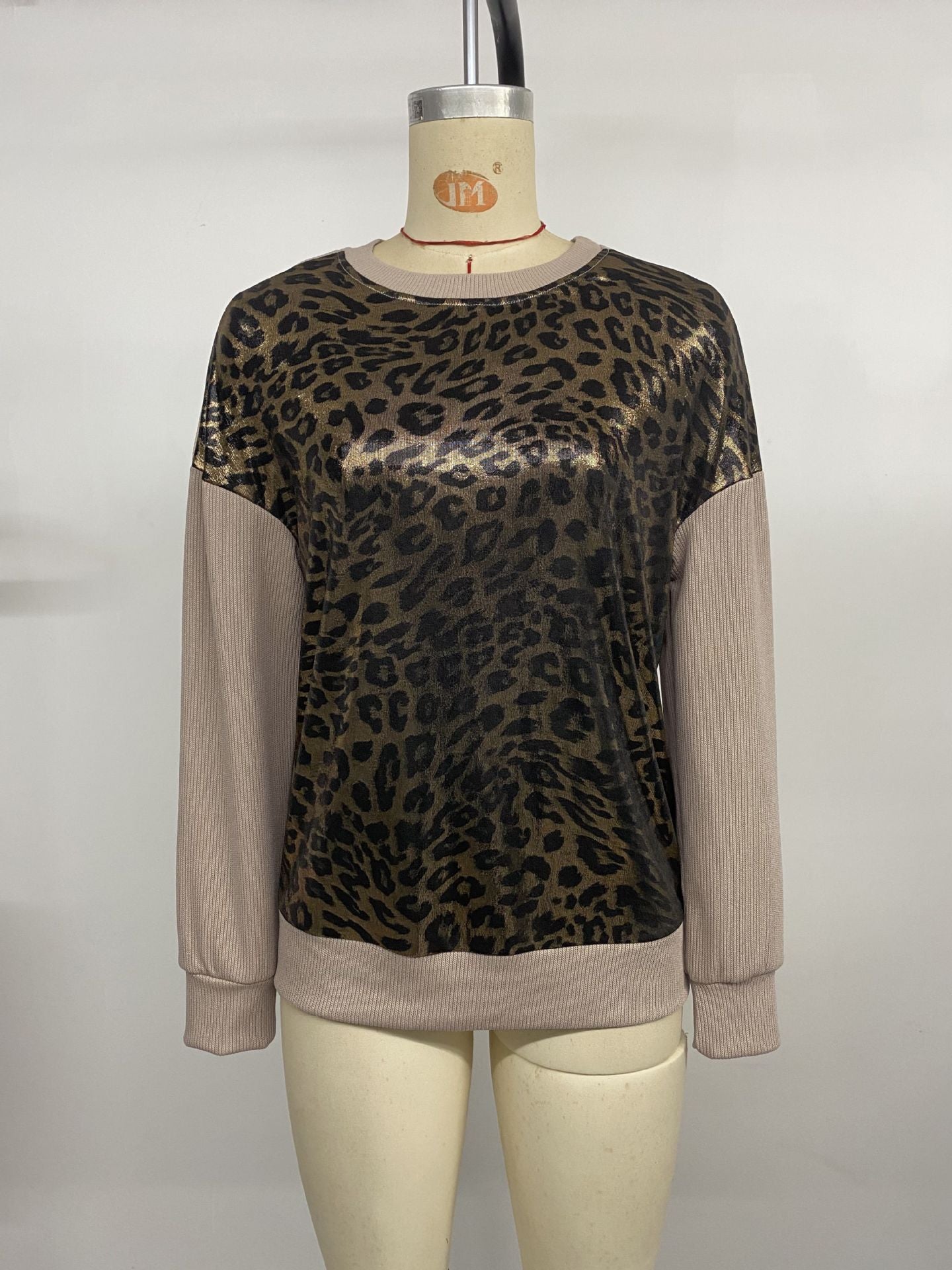 Personality Street Retro Trendy Long Sleeve round Neck Leopard Print Top Women