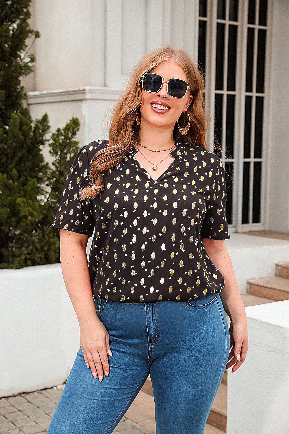 Plus Size Loose Fitting Casual T shirt Women V neck Short Sleeve Office Top