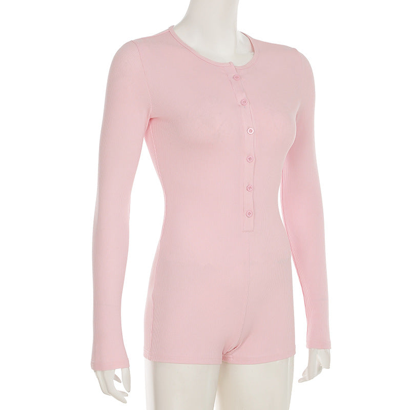 Solid Color Jumpsuit Autumn Slimming Breasted Bottoming Sexy Long Sleeve Romper