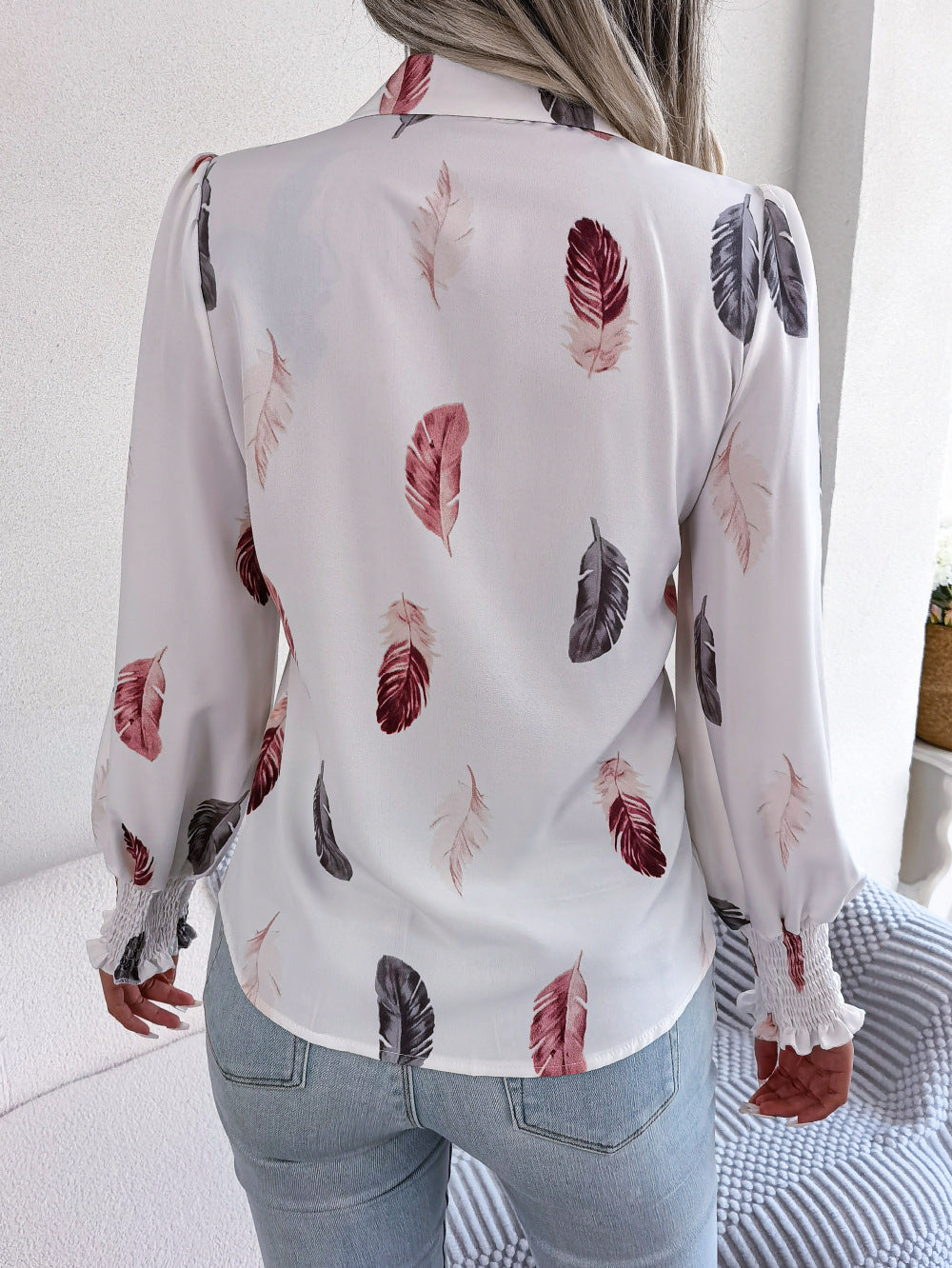 Spring Summer Elegant Feather Lantern Sleeve Collared Shirt Women Clothing