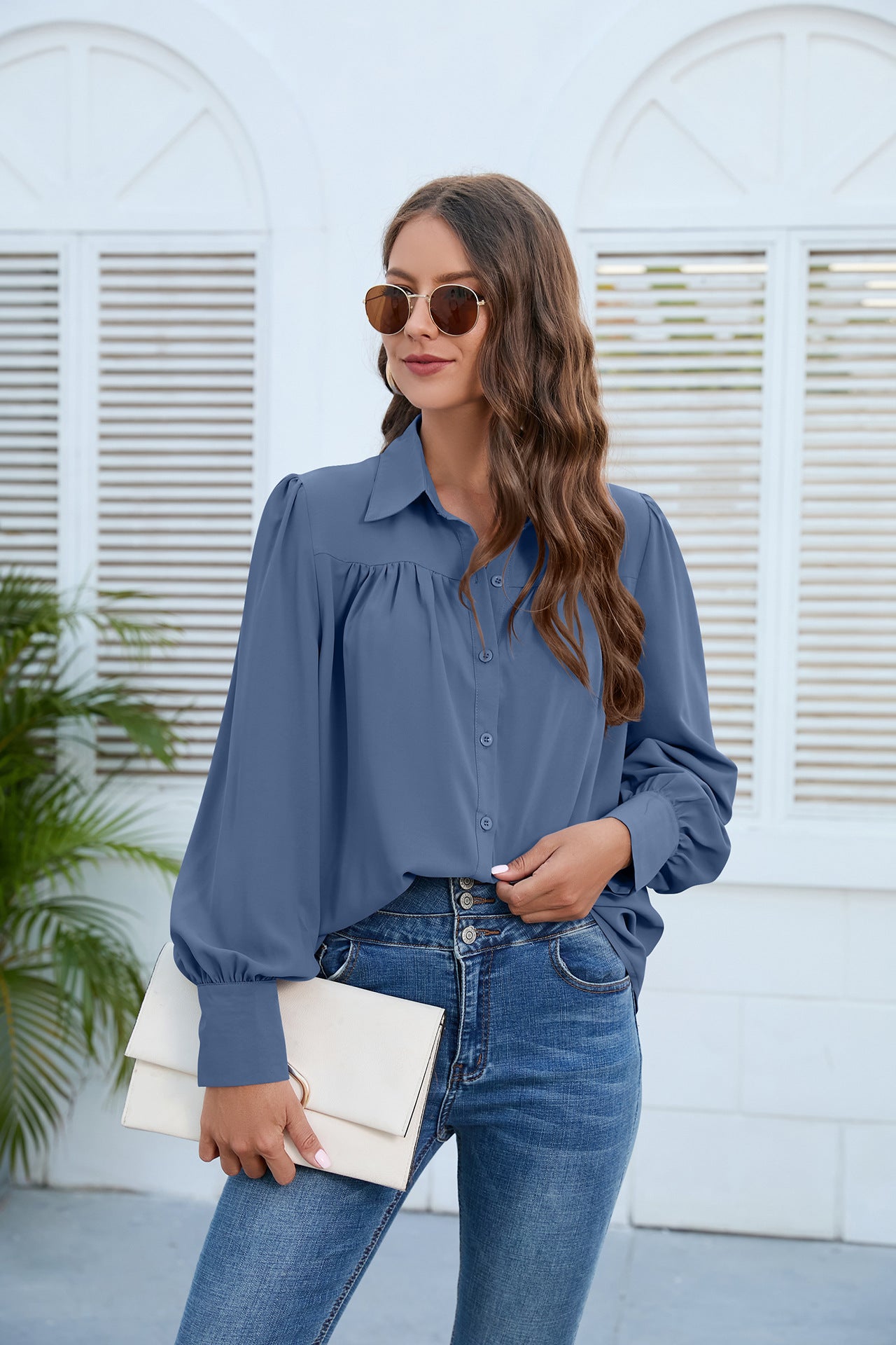 Women Clothing Spring Autumn Chiffon Shirt Women Shirt Pleated Long Sleeved Top Women