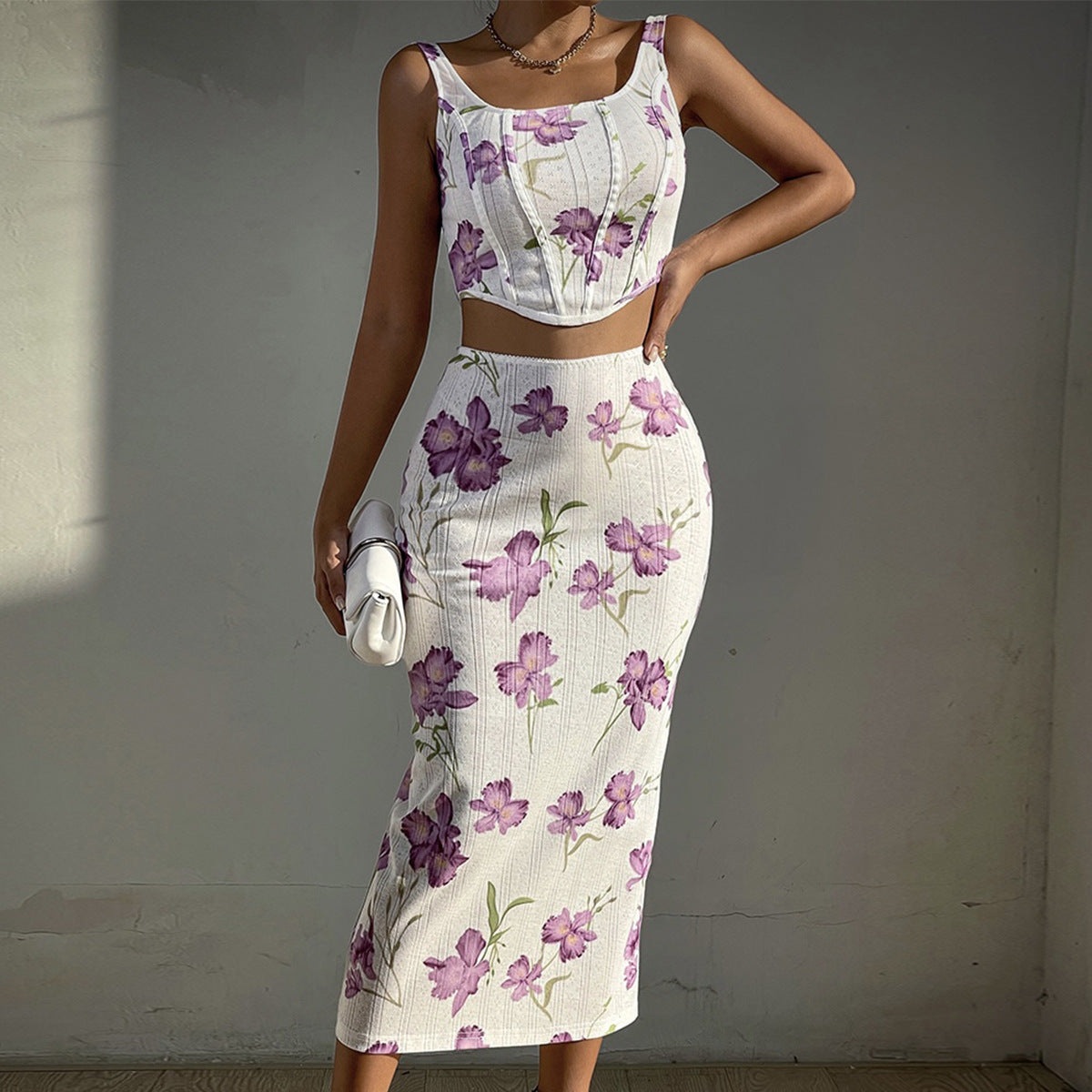 Women Sexy Spaghetti-Strap Floral Print Vest Slim Fit Sheath Skirt Set Women