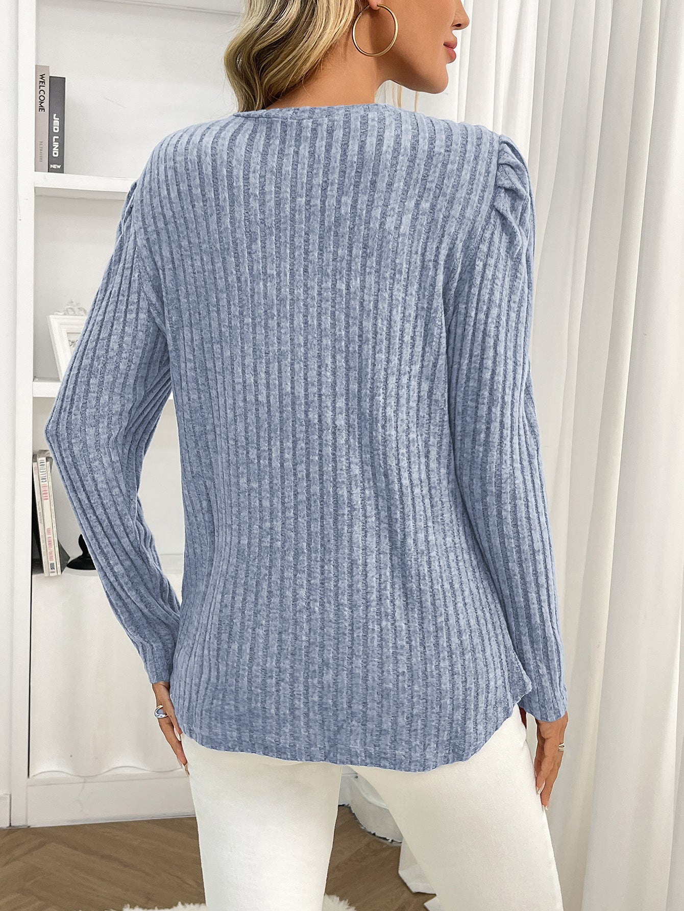 Arrival Women round Neck Puff Sleeve Brushed Sunken Stripe Solid Color Upper Clothes Long Sleeves T shirt