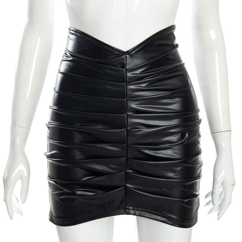 Women Clothing Top Product Solid Color Pleated Faux Leather Sheath Skirt Women Skirt