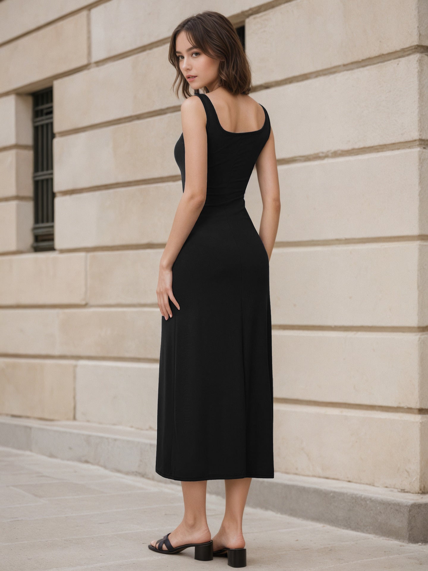 Sleeveless Vest Dress Women Slimming Square Collar Elegant High Grade Summer Sling Long Dress