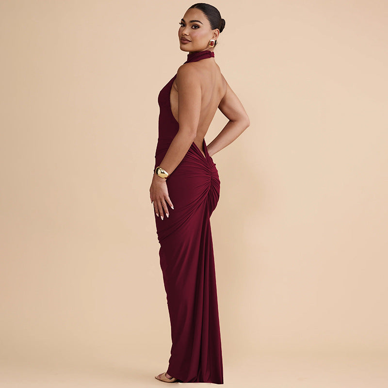 Slim Fit Maxi Dress Summer Solid Color Halter Pleated Sexy Backless Dress