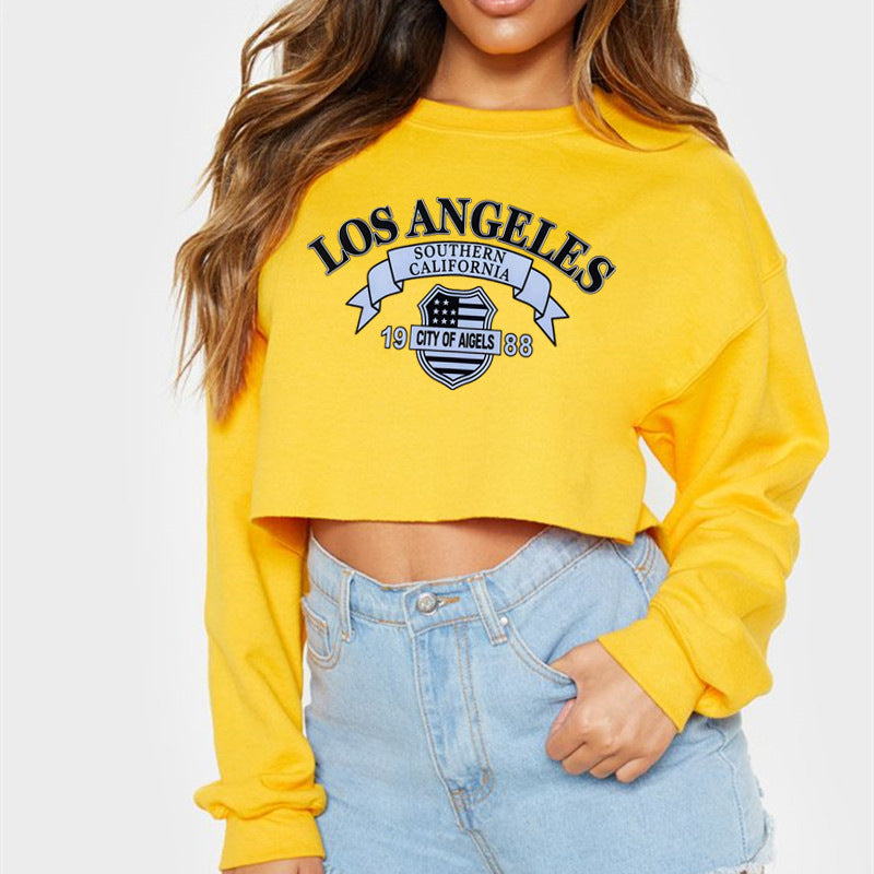 Women Clothing Autumn Winter Los Angeles Letter Graphic Printed Short Long-Sleeved Sweatshirt