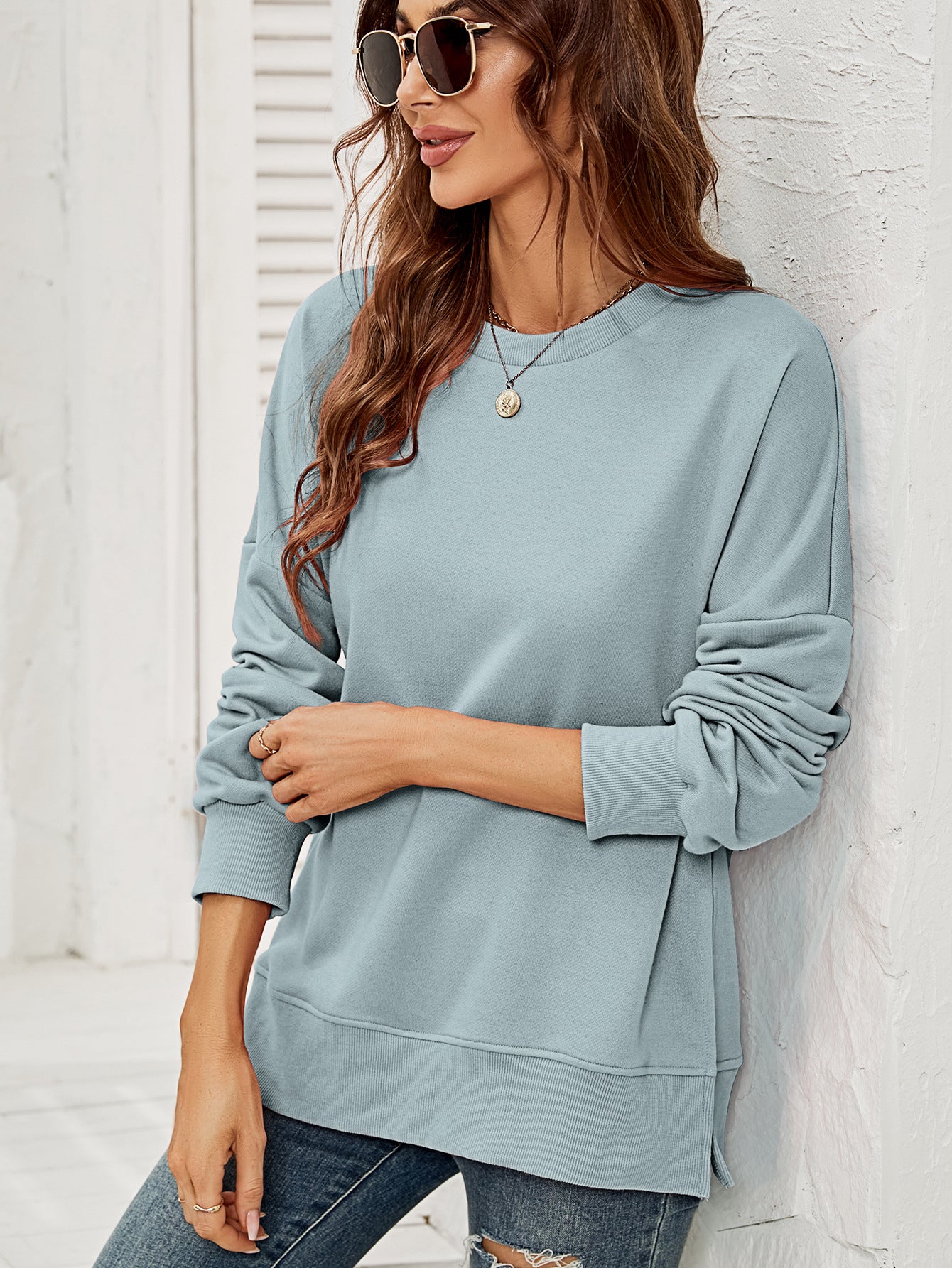 Women Clothing Autumn Winter Sweatshirt round Neck Long Sleeve Split Pullover for Women