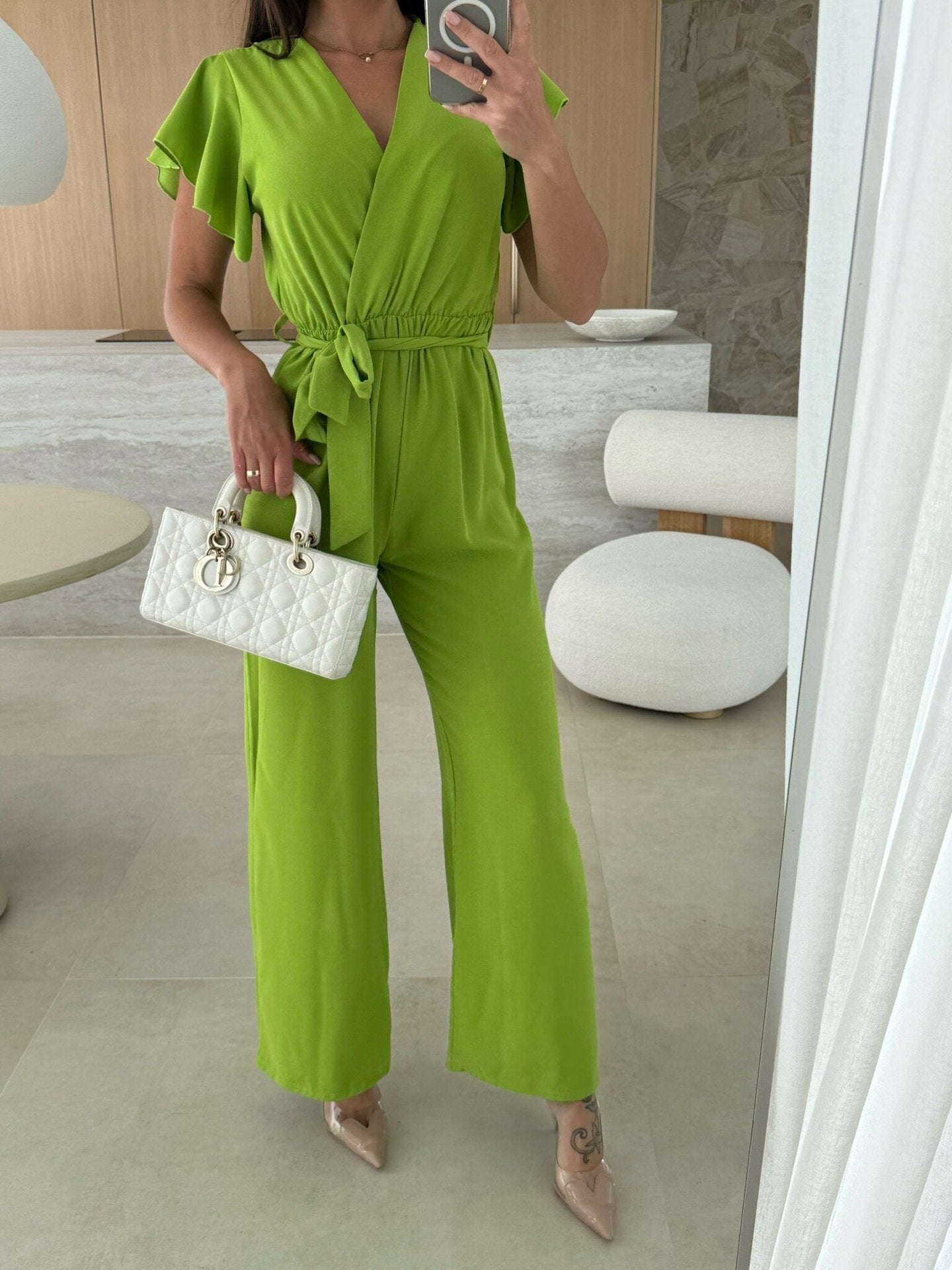 Summer Women Clothing V neck Waist Controlled Lace up Solid Color Jumpsuit Trousers