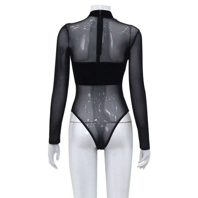 Women Clothing Mesh Velvet Stitching Sexy Cross Hollow Out Cutout out Tight High Waist Long Sleeve Jumpsuit for Women