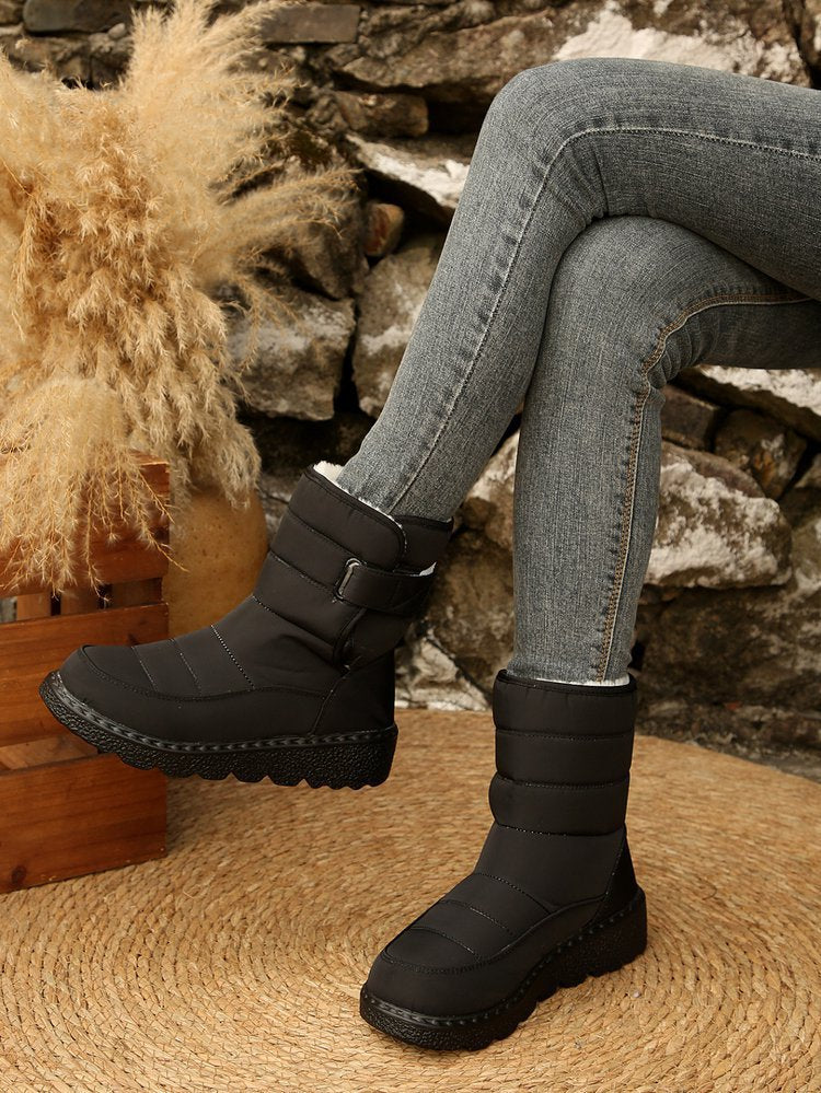 Winter Fleece Lined Warm Slugged Bottom Snow Boots Women Velcro down Cloth Mid Calf Cotton Shoes