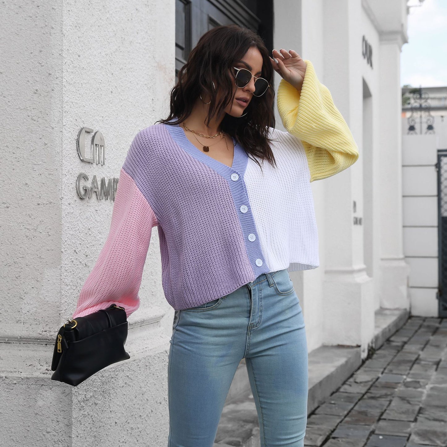 Color Stitching Knitted Cardigan Contrast Color Sweater Women Loose Long Sleeve Short Coat Women Clothing