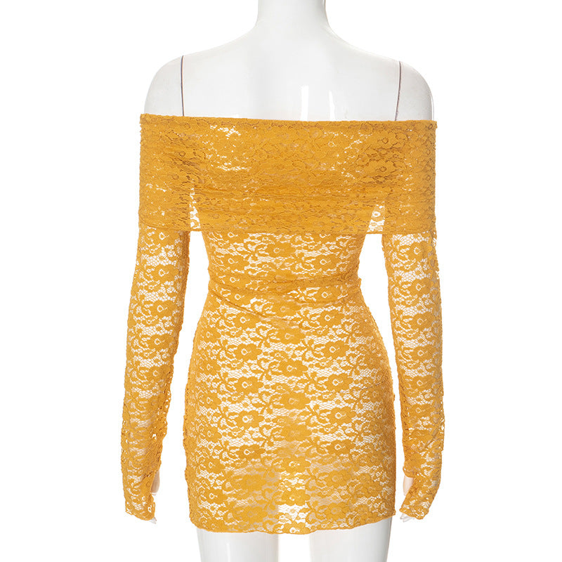 Women Autumn Sexy Collared off-Shoulder Long Sleeve Lace Slim Fit Dress
