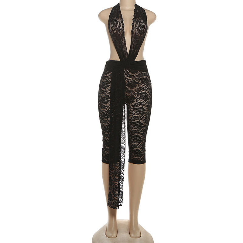 Autumn Winter Women Sexy Lace Halter Backless Ribbon High Waist Jumpsuit